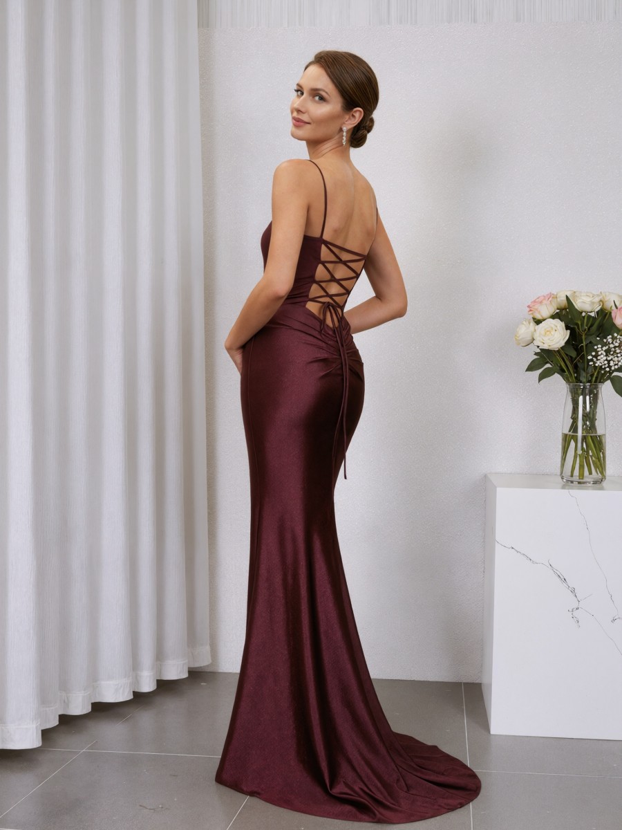 Mermaid Spaghetti Strap Satin Floor-Length Ruched Bodice Formal Evening Gown