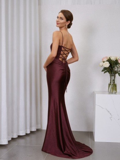 Mermaid Spaghetti Strap Satin Floor-Length Ruched Bodice Formal Evening Gown