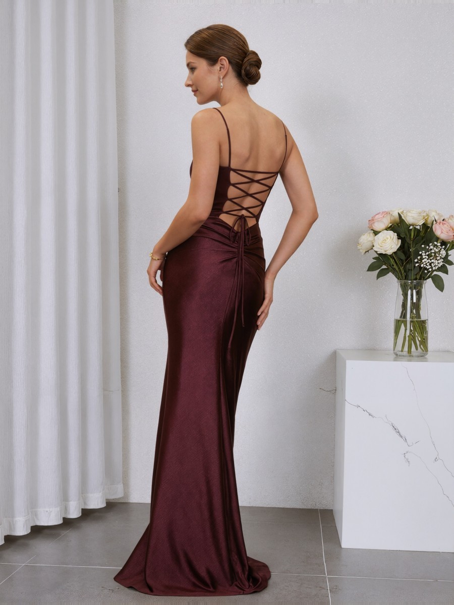 Mermaid Spaghetti Strap Satin Floor-Length Ruched Bodice Formal Evening Gown