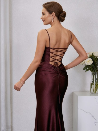 Mermaid Spaghetti Strap Satin Floor-Length Ruched Bodice Formal Evening Gown