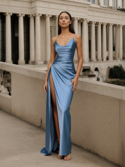 Sheath Spaghetti Strap Satin Floor-Length Cowl Neck Formal Evening Gown