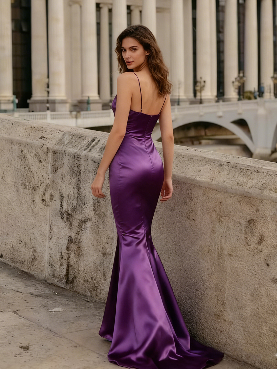 Spaghetti Strap Cowl Neck Satin Mermaid Train Floor-Length Prom Gown