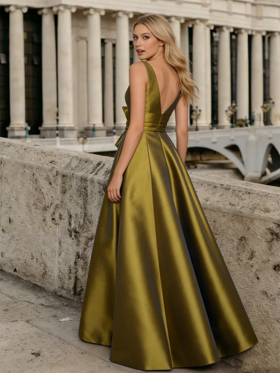 Elegant Plunging V-Neck Bow Satin Long Formal Evening Gowns