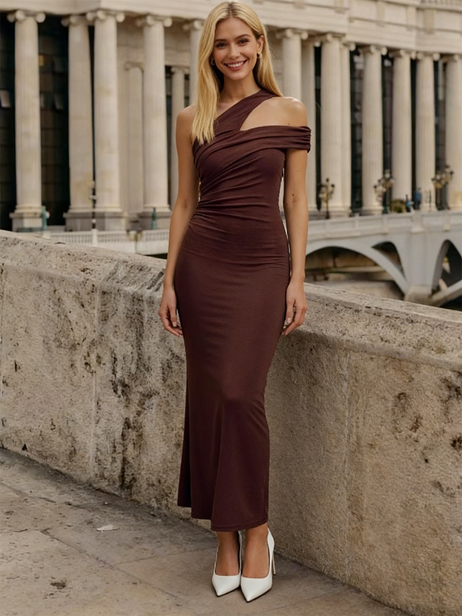 One-Shoulder Ruched Bodycon Knit Mermaid Floor-Length Prom Gown 