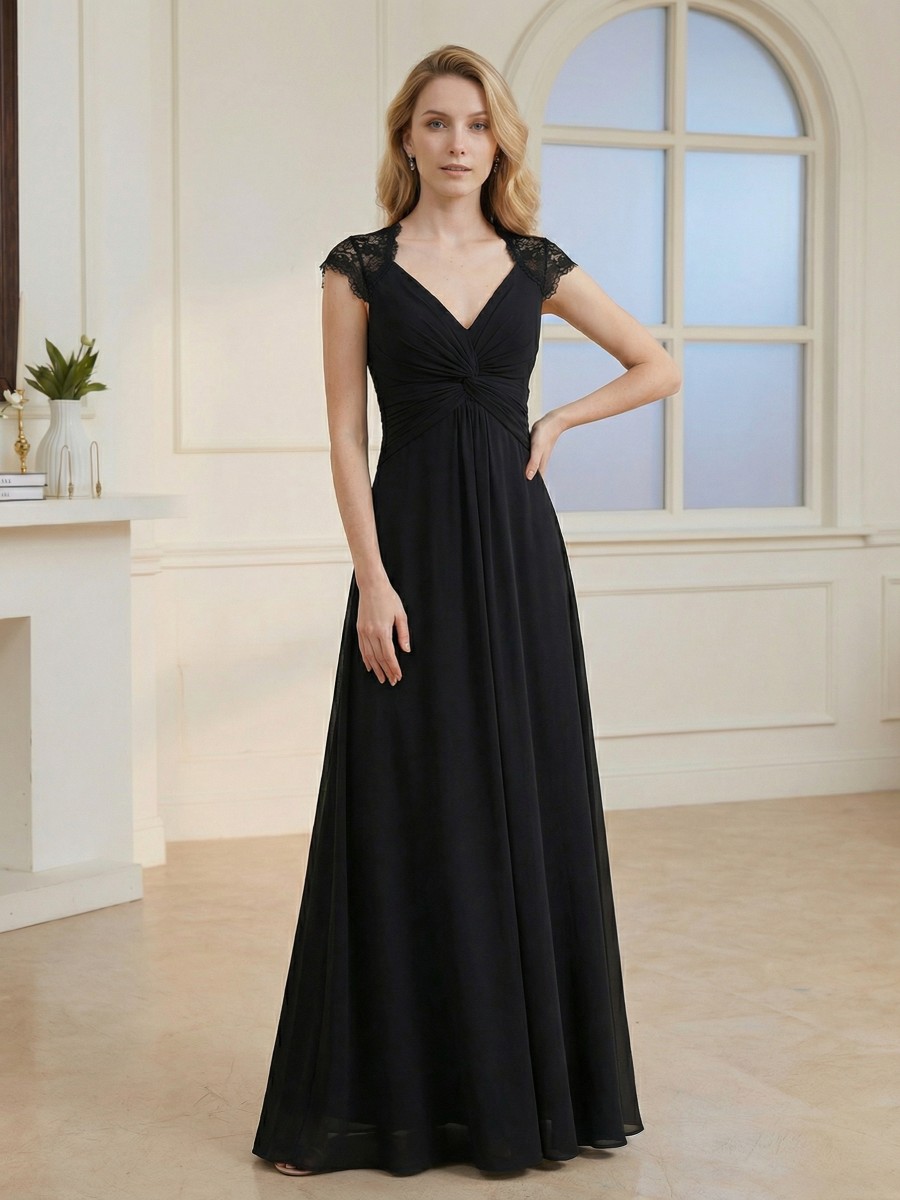 A-Line V-Neck Chiffon Floor-Length Lace Cap Sleeve Formal Evening Gown