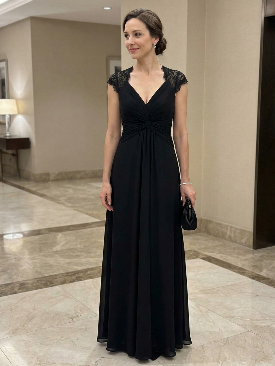 A-Line V-Neck Chiffon Floor-Length Lace Cap Sleeve Formal Evening Gown