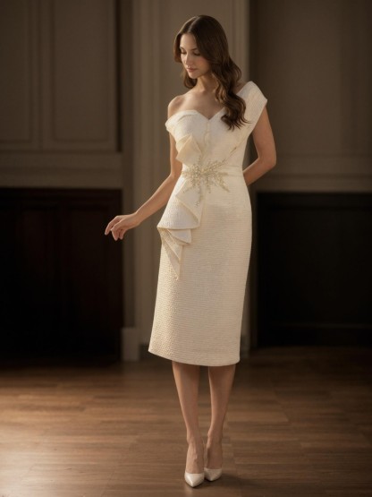 Sheath Off-the-Shoulder Lace Midi-Length Beaded Cocktail Dress