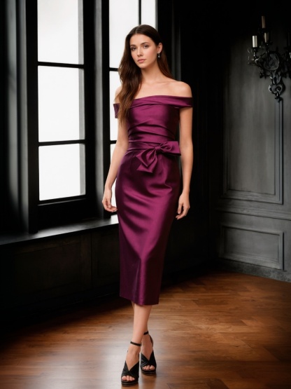 Sheath Off-the-Shoulder Satin Midi-Length Bow Accent Cocktail Dress