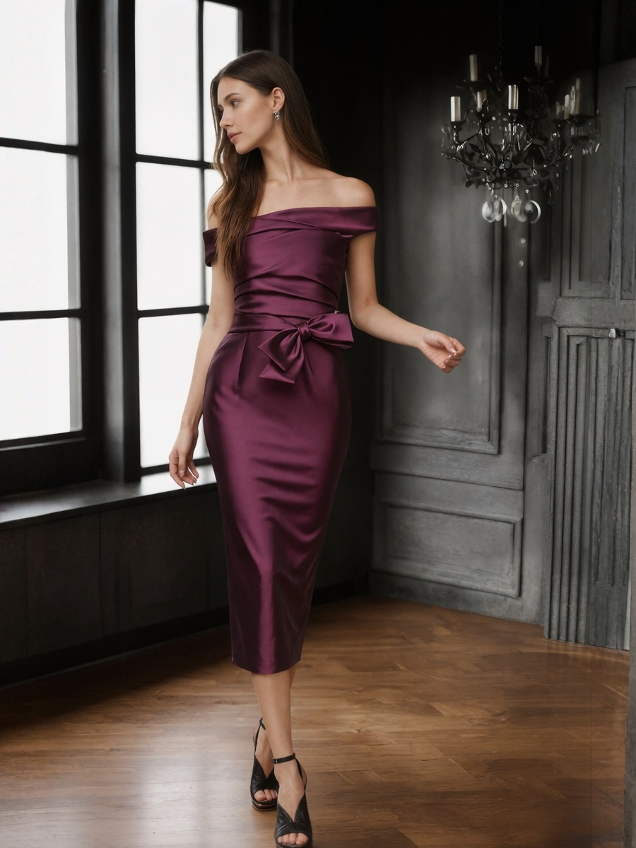 Sheath Off-the-Shoulder Satin Midi-Length Bow Accent Cocktail Dress