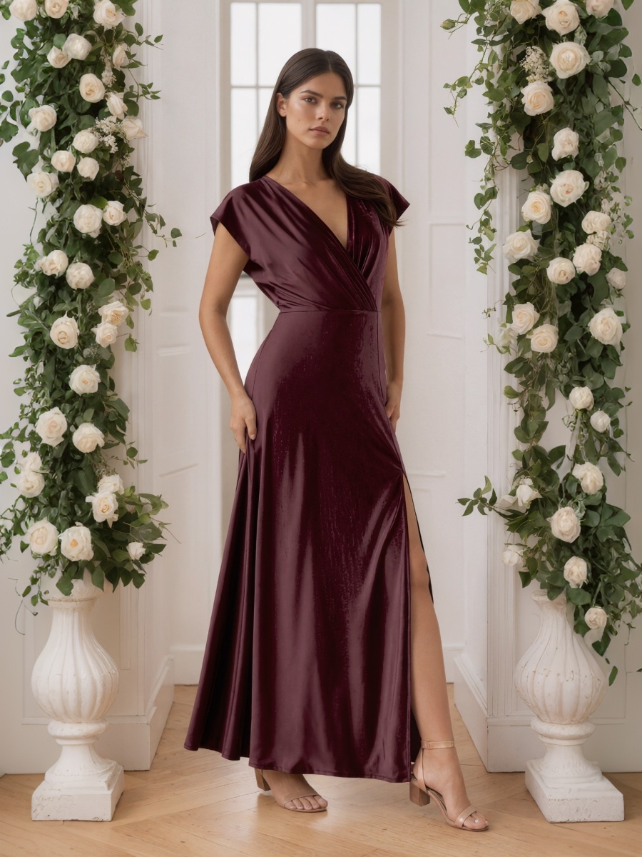 A-Line V-Neck Chiffon Floor-Length Cap Sleeve Formal Evening Gown
