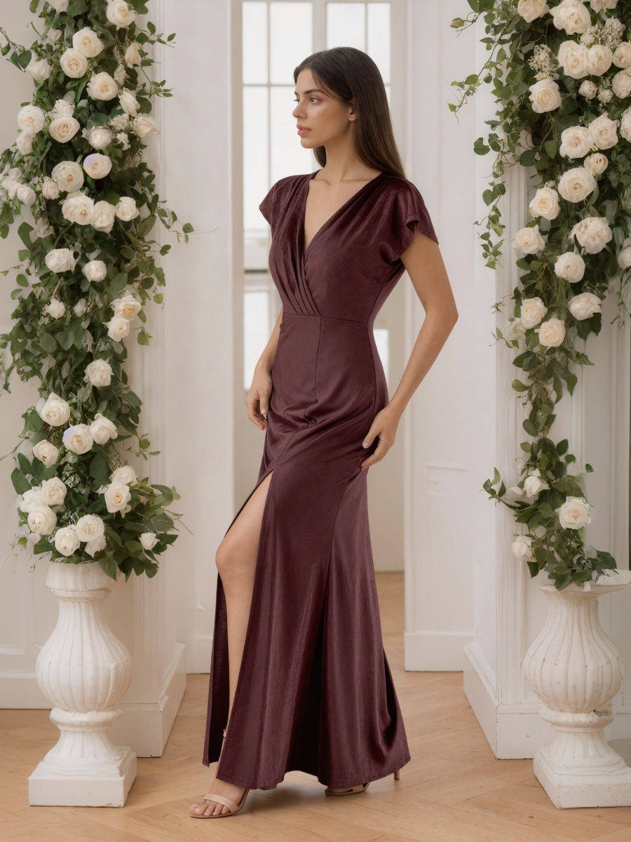 A-Line V-Neck Chiffon Floor-Length Cap Sleeve Formal Evening Gown