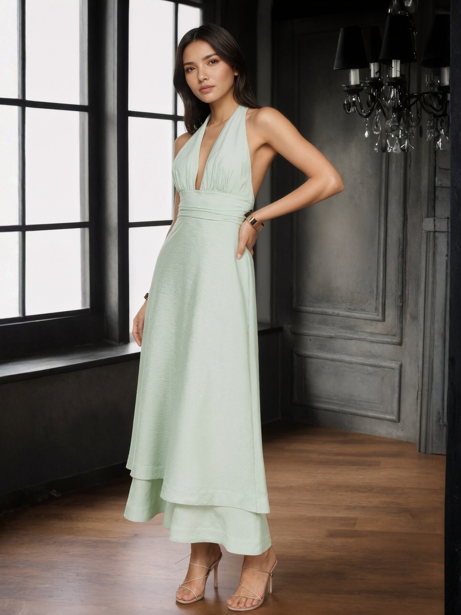 A-Line Halter Chiffon Midi-Length Ruffle Overlay Formal Dress