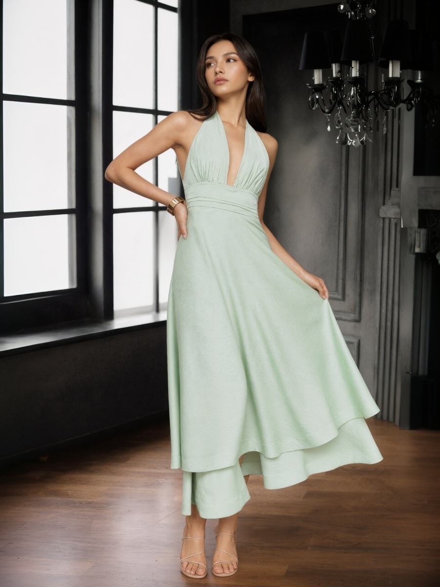 A-Line Halter Chiffon Midi-Length Ruffle Overlay Formal Dress