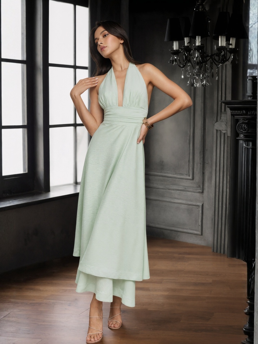 A-Line Halter Chiffon Midi-Length Ruffle Overlay Formal Dress