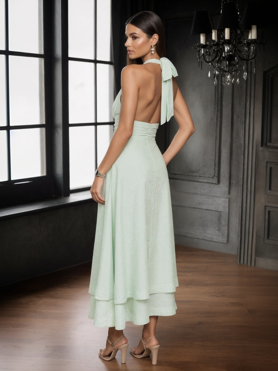 A-Line Halter Chiffon Midi-Length Ruffle Overlay Formal Dress