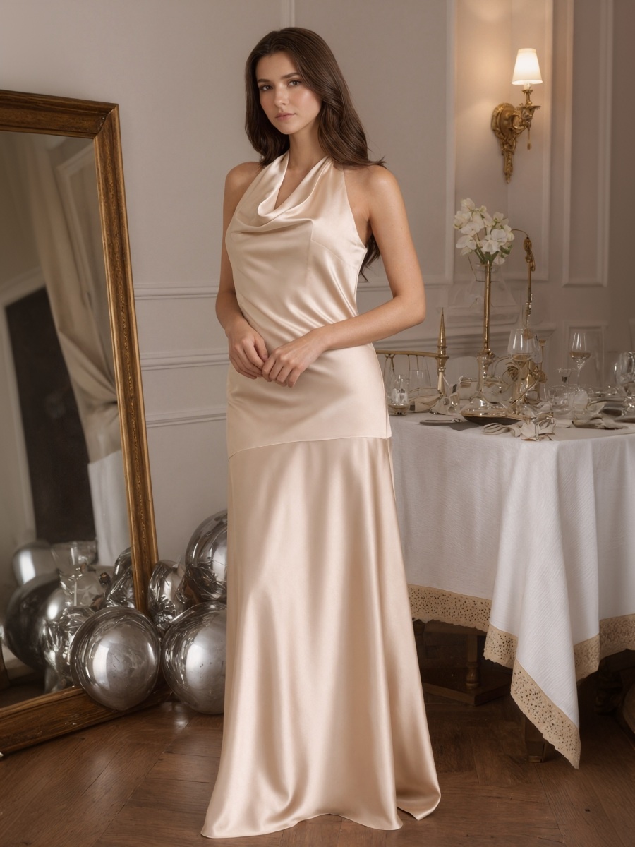 Sheath Halter Satin Floor-Length Cowl Neck Formal Evening Gown