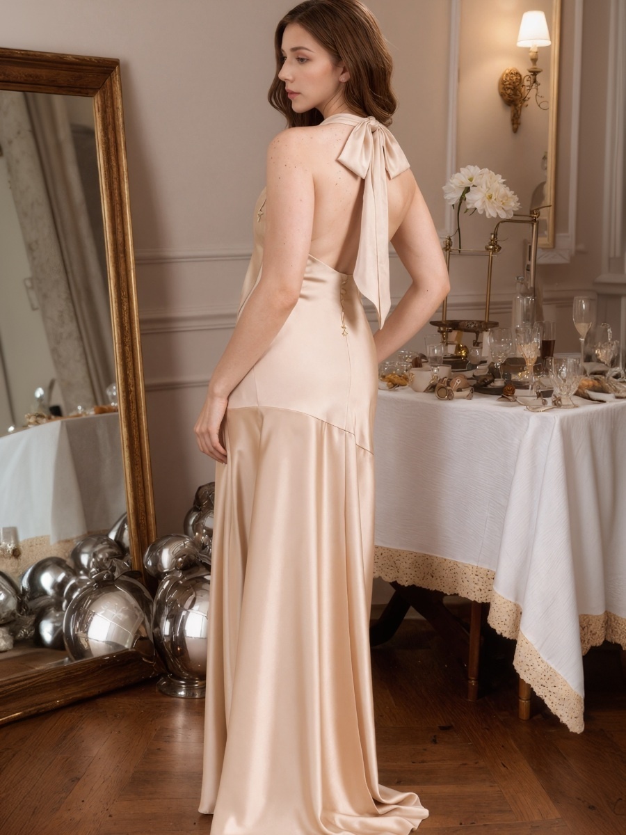 Sheath Halter Satin Floor-Length Cowl Neck Formal Evening Gown