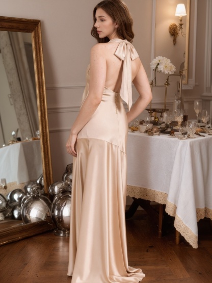 Sheath Halter Satin Floor-Length Cowl Neck Formal Evening Gown