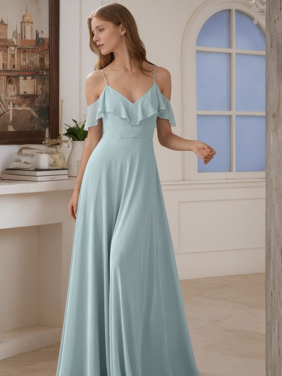 A-Line Off-the-Shoulder Chiffon Floor-Length Ruffle Formal Evening Gown