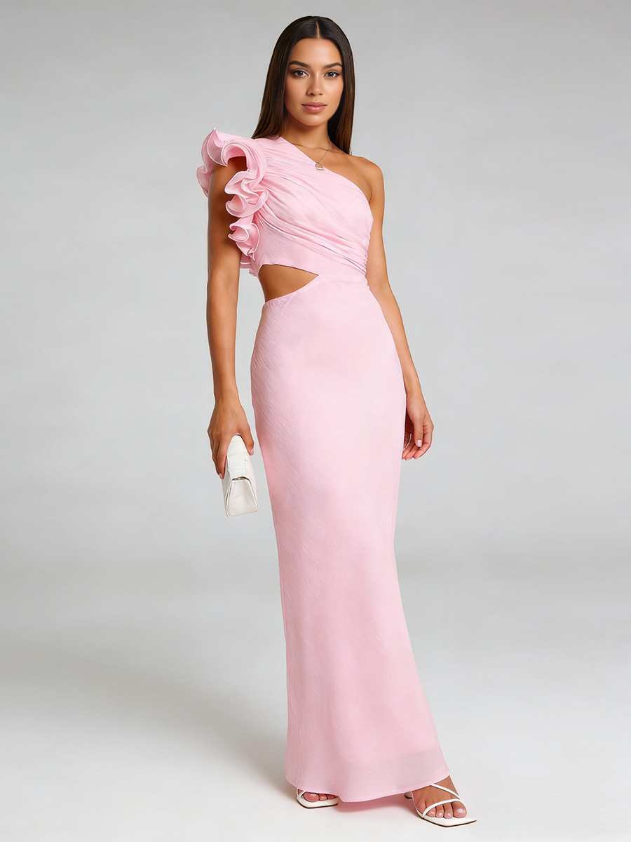 Sheath One-Shoulder Chiffon Floor-Length Ruffle Cutout Wedding Guest Dress