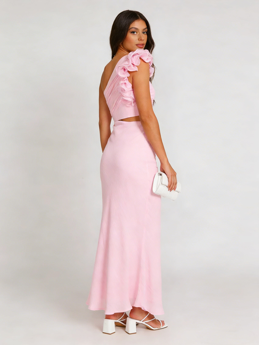 Sheath One-Shoulder Chiffon Floor-Length Ruffle Cutout Wedding Guest Dress