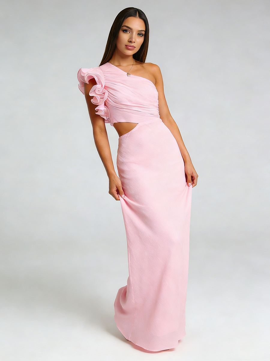 Sheath One-Shoulder Chiffon Floor-Length Ruffle Cutout Wedding Guest Dress