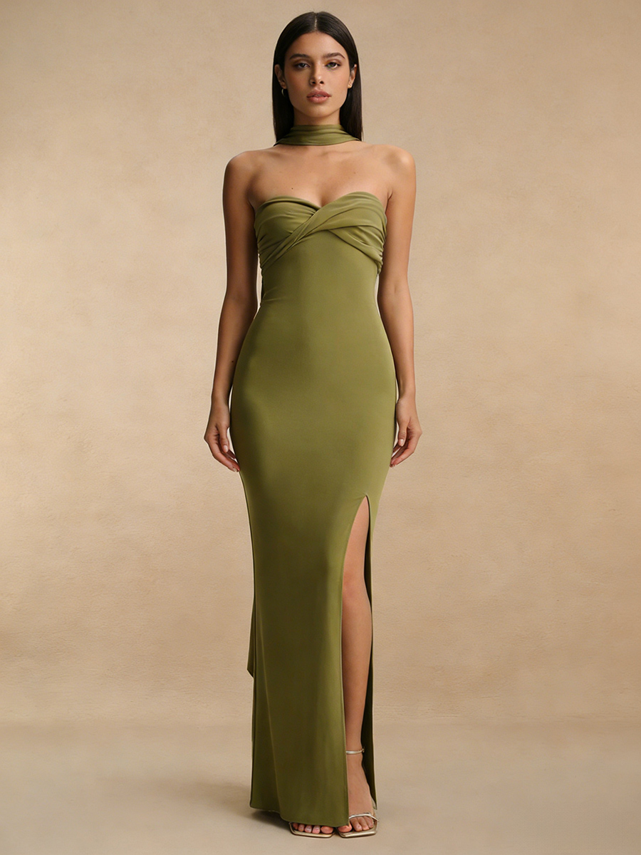 Sheath Strapless Satin Floor-Length Halter Neck Wedding Guest Dress