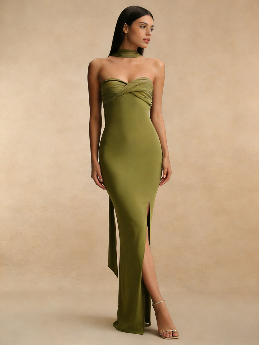 Sheath Strapless Satin Floor-Length Halter Neck Wedding Guest Dress