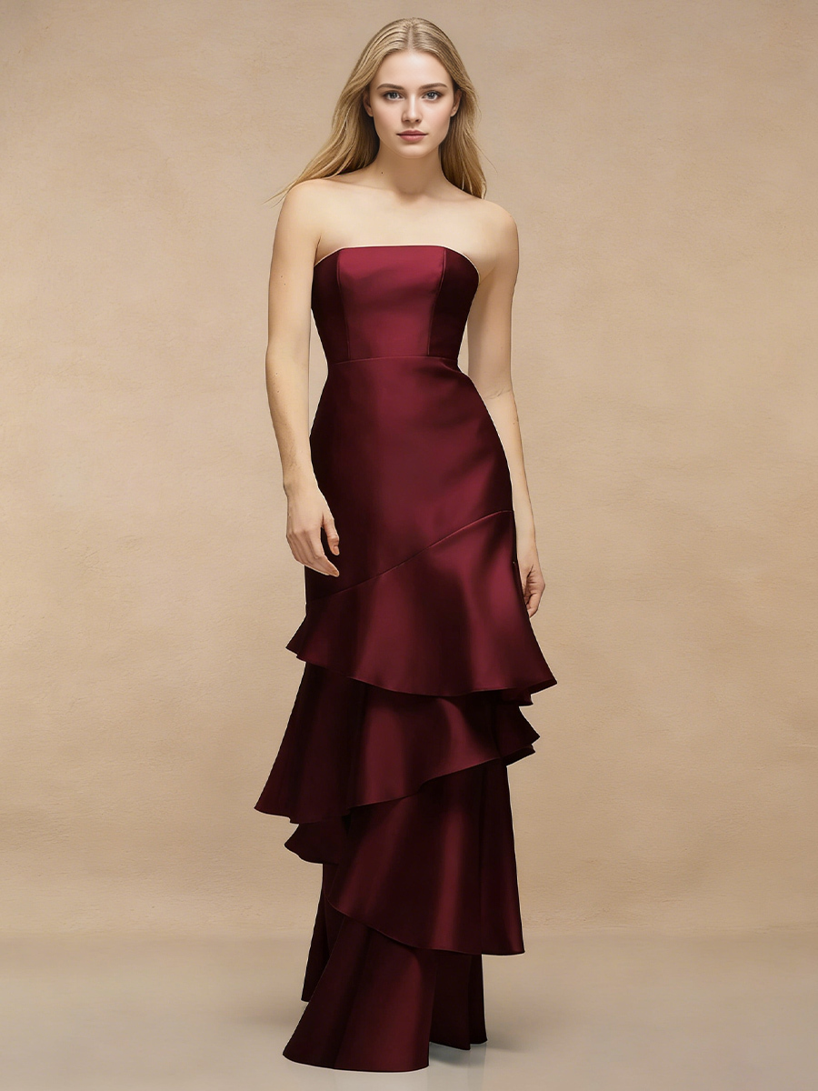 Mermaid Strapless Satin Floor-Length Tiered Ruffle Wedding Guest Dress