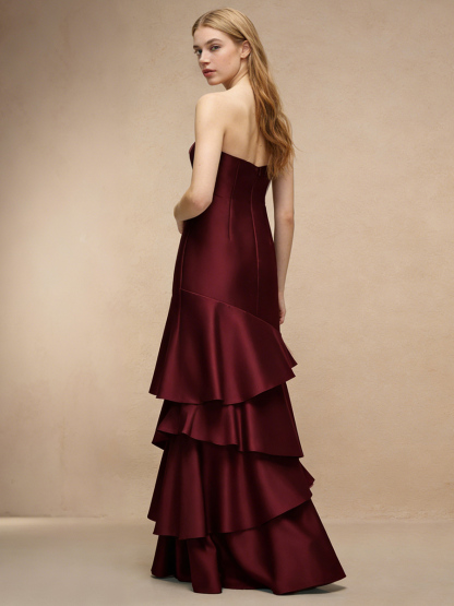 Mermaid Strapless Satin Floor-Length Tiered Ruffle Wedding Guest Dress