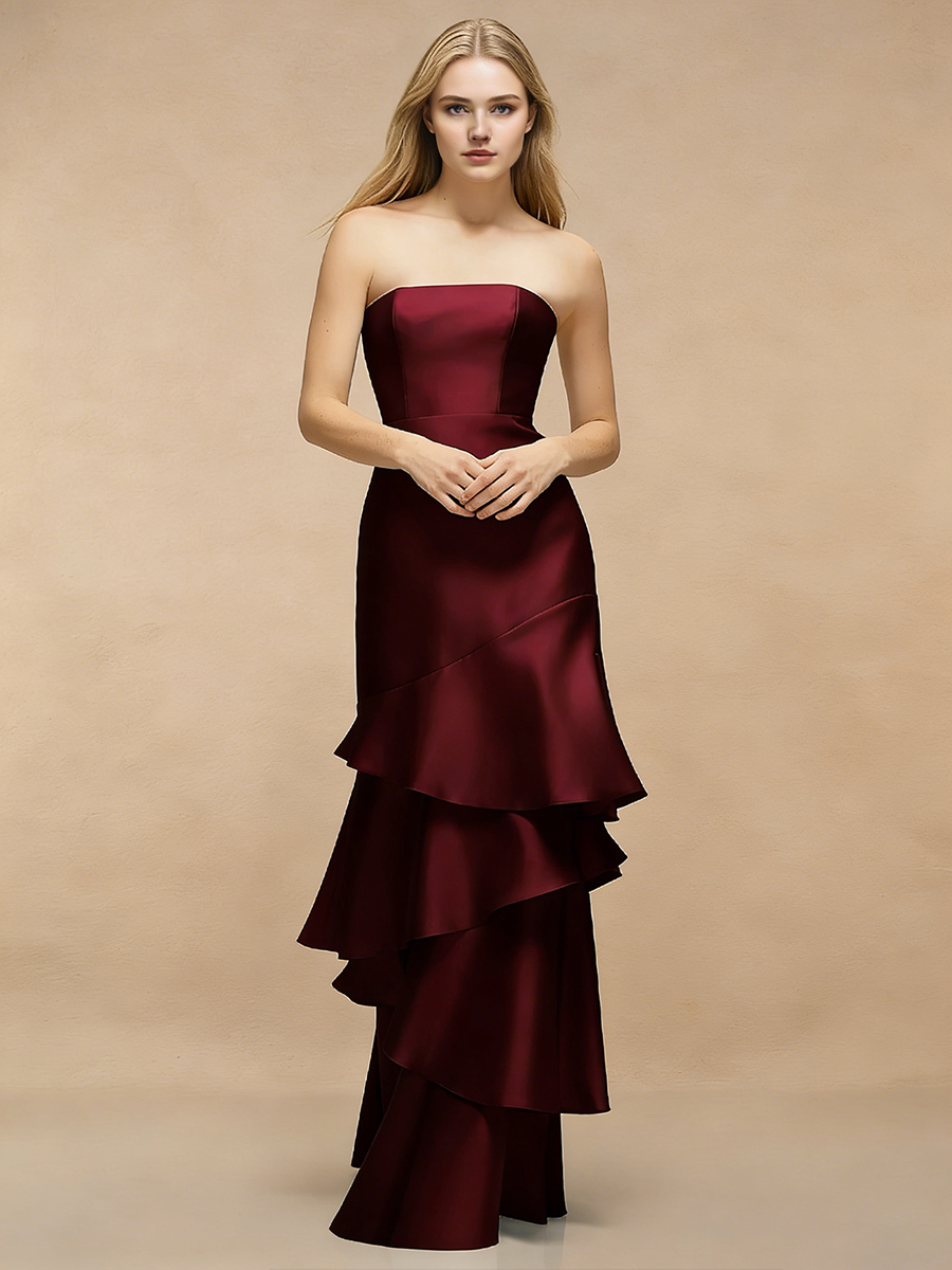 Mermaid Strapless Satin Floor-Length Tiered Ruffle Wedding Guest Dress