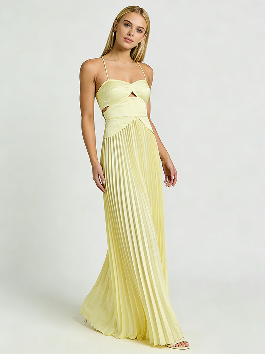 A-Line Spaghetti Strap Chiffon Floor-Length Pleated Wedding Guest Dress