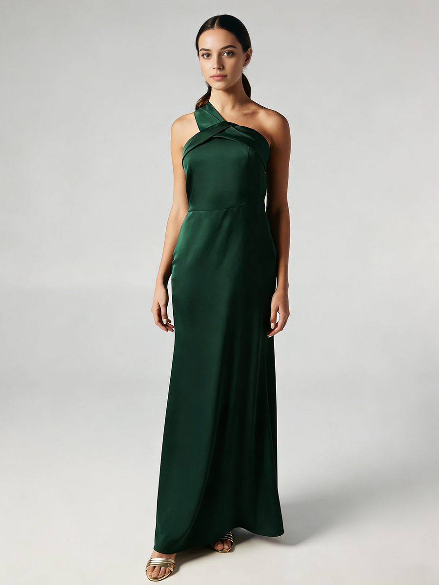 Sheath One-Shoulder Satin Floor-Length Twist Front Formal Evening Gown