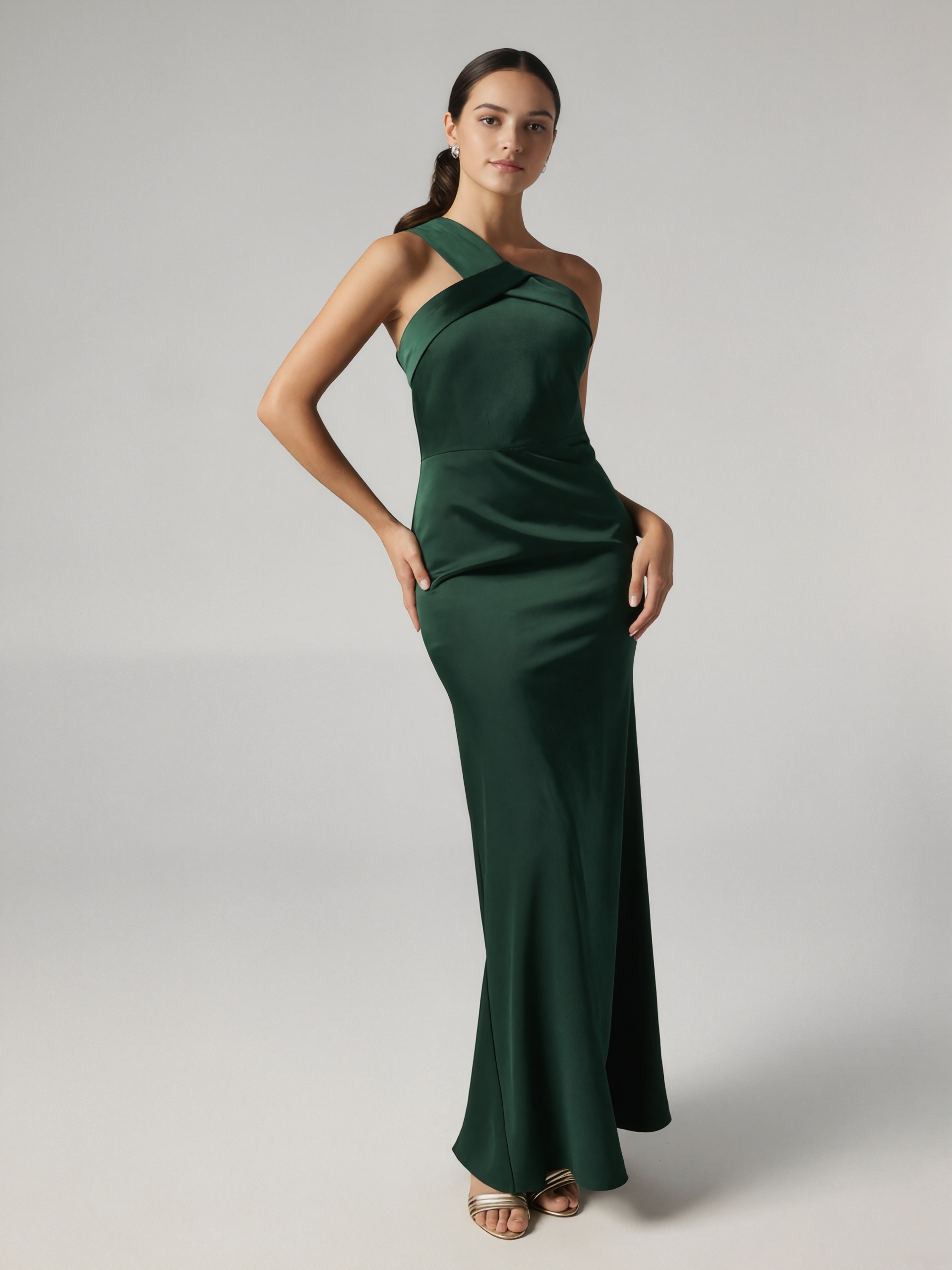 Sheath One-Shoulder Satin Floor-Length Twist Front Formal Evening Gown