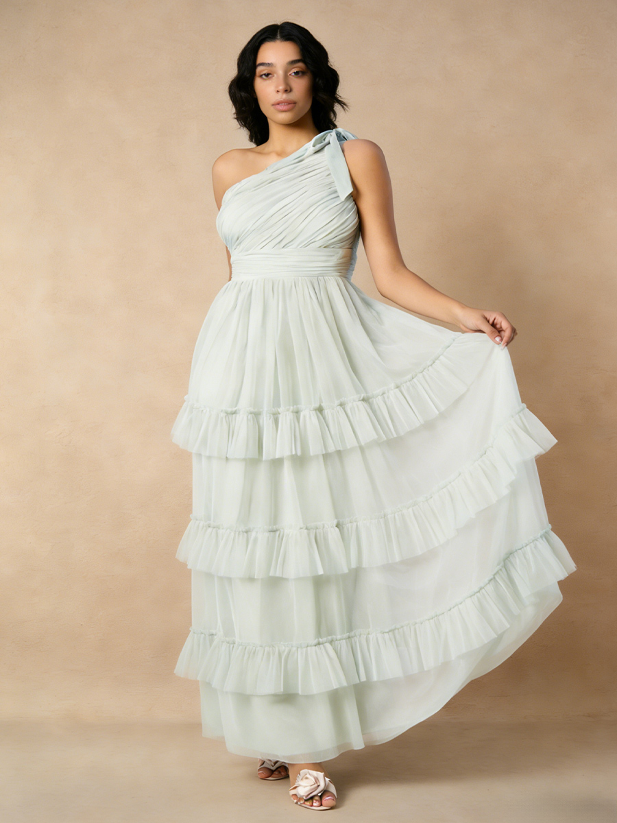 A-Line One-Shoulder Tulle Maxi-Length Tiered Ruffle Formal Evening Gown