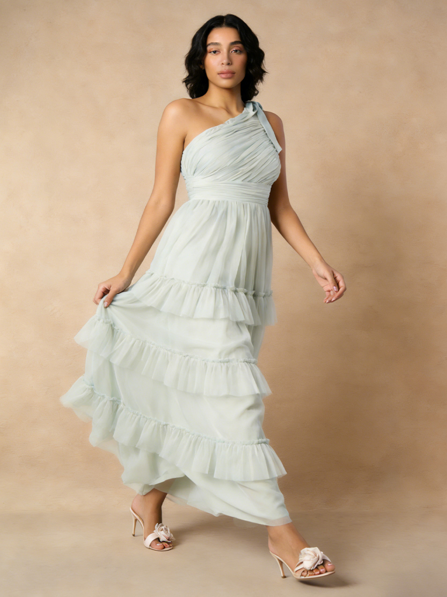 A-Line One-Shoulder Tulle Maxi-Length Tiered Ruffle Formal Evening Gown