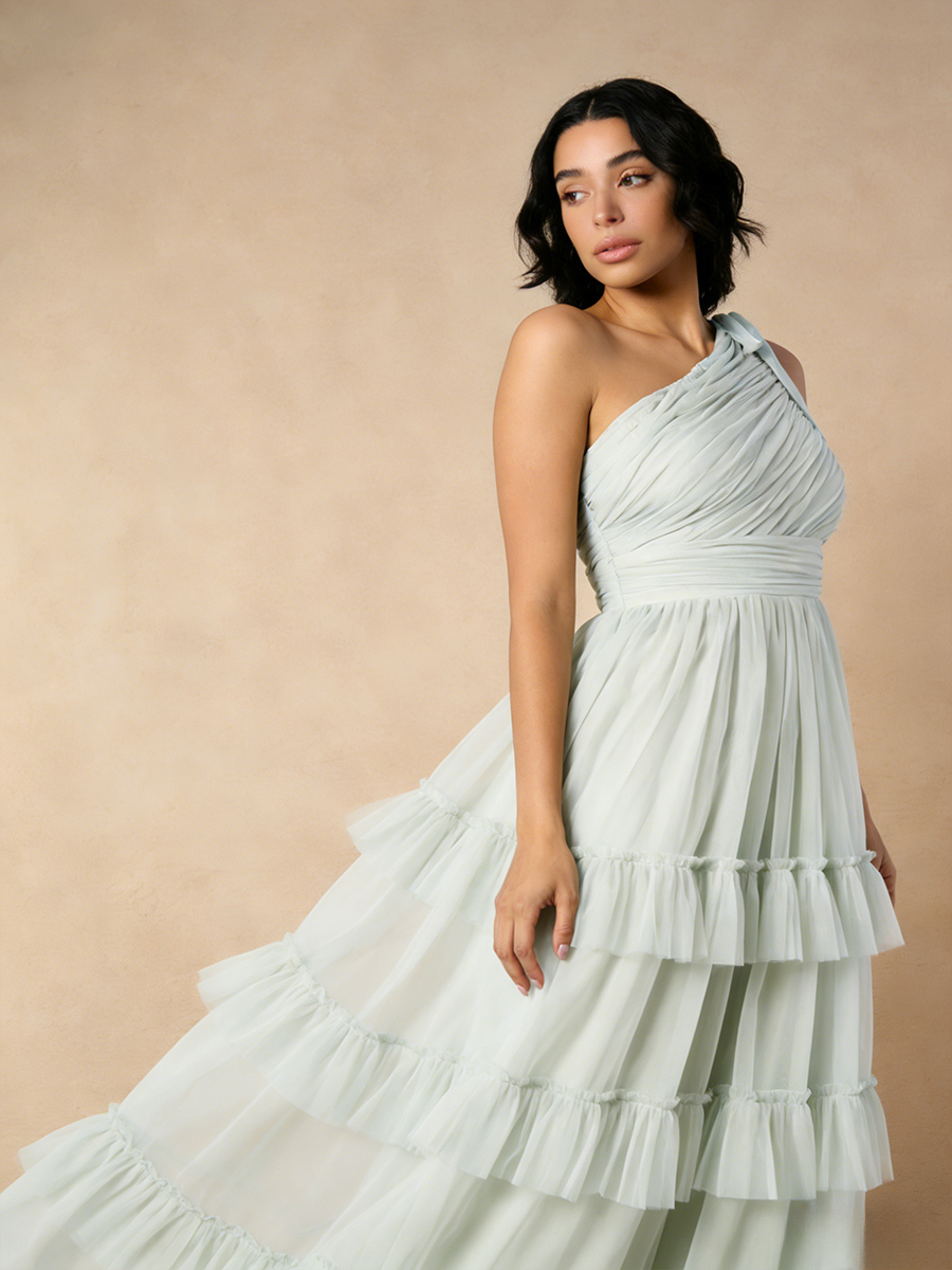 A-Line One-Shoulder Tulle Maxi-Length Tiered Ruffle Formal Evening Gown