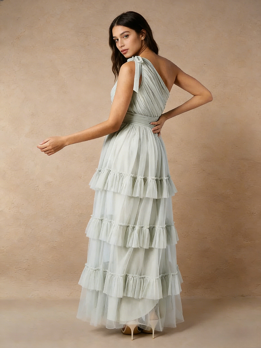 A-Line One-Shoulder Tulle Maxi-Length Tiered Ruffle Formal Evening Gown