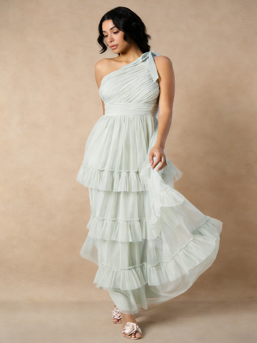 A-Line One-Shoulder Tulle Maxi-Length Tiered Ruffle Formal Evening Gown