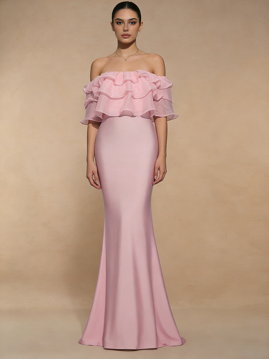 Mermaid Off-the-Shoulder Satin Floor-Length Ruffle Formal Evening Gown