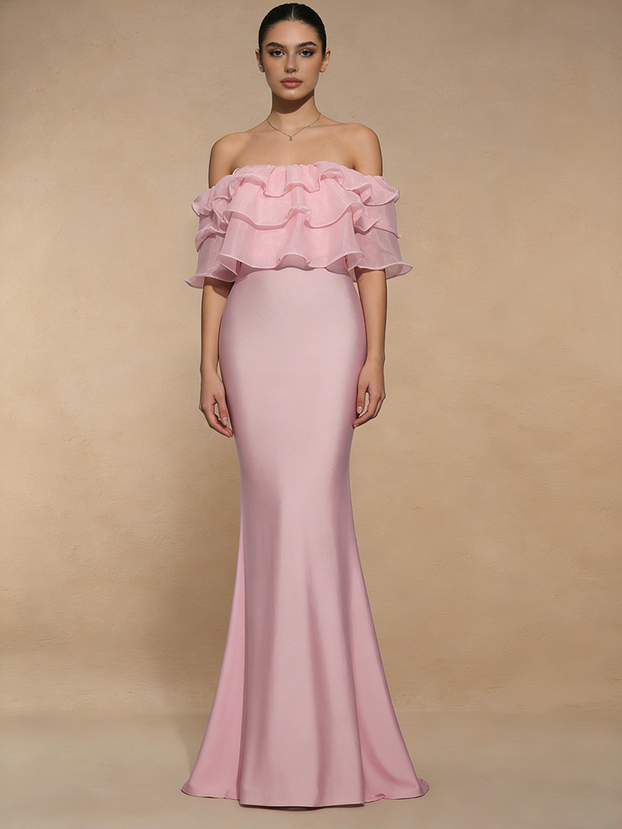 Mermaid Off-the-Shoulder Satin Floor-Length Ruffle Formal Evening Gown