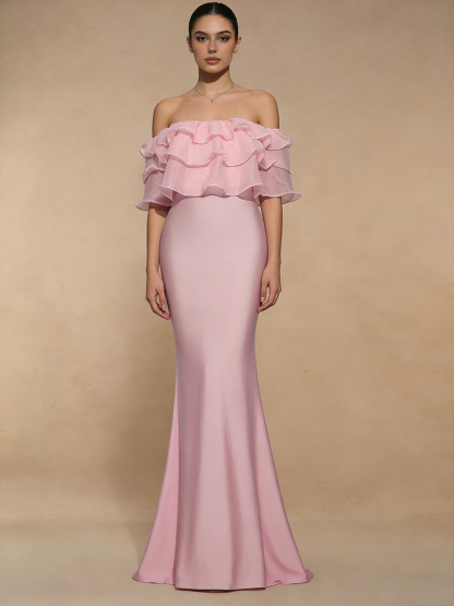 Mermaid Off-the-Shoulder Satin Floor-Length Ruffle Formal Evening Gown
