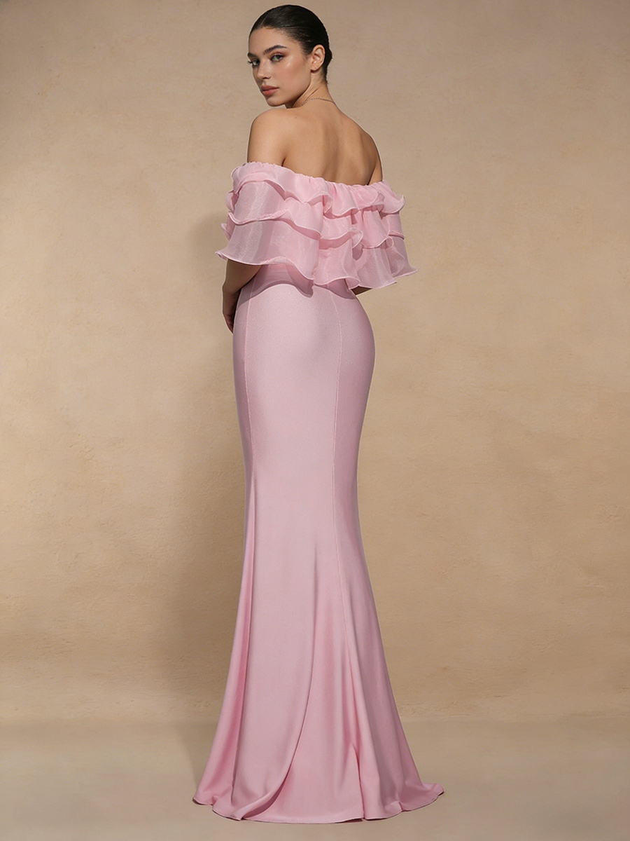 Mermaid Off-the-Shoulder Satin Floor-Length Ruffle Formal Evening Gown