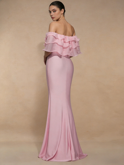 Mermaid Off-the-Shoulder Satin Floor-Length Ruffle Formal Evening Gown