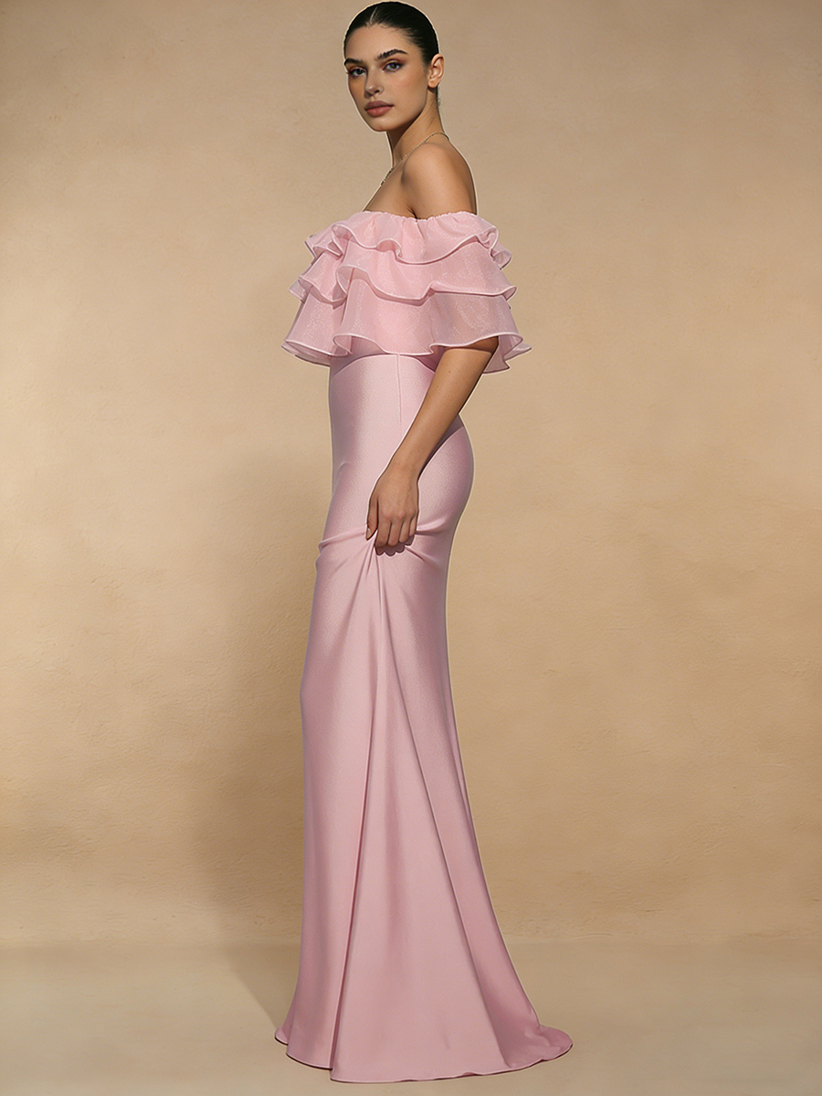 Mermaid Off-the-Shoulder Satin Floor-Length Ruffle Formal Evening Gown