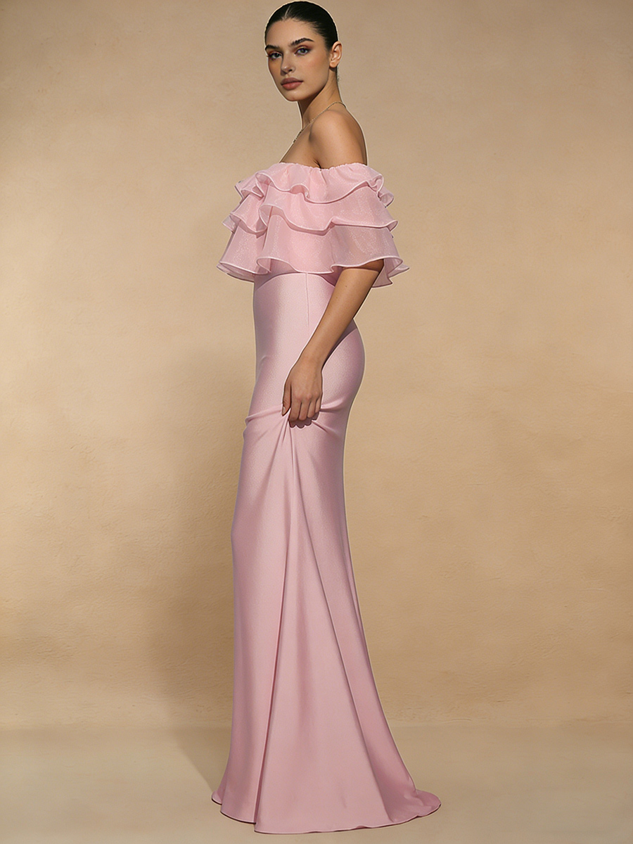 Mermaid Off-the-Shoulder Satin Floor-Length Ruffle Formal Evening Gown