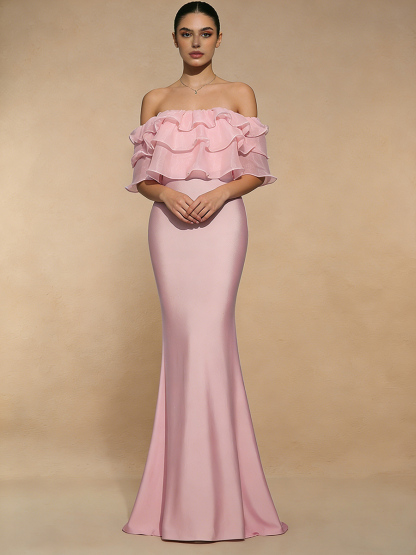 Mermaid Off-the-Shoulder Satin Floor-Length Ruffle Formal Evening Gown