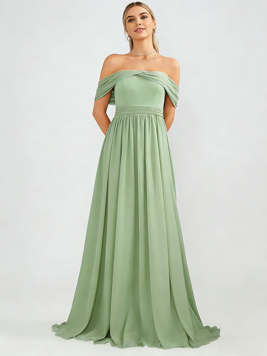 A-Line Off-the-Shoulder Chiffon Floor-Length Bridesmaid Dress