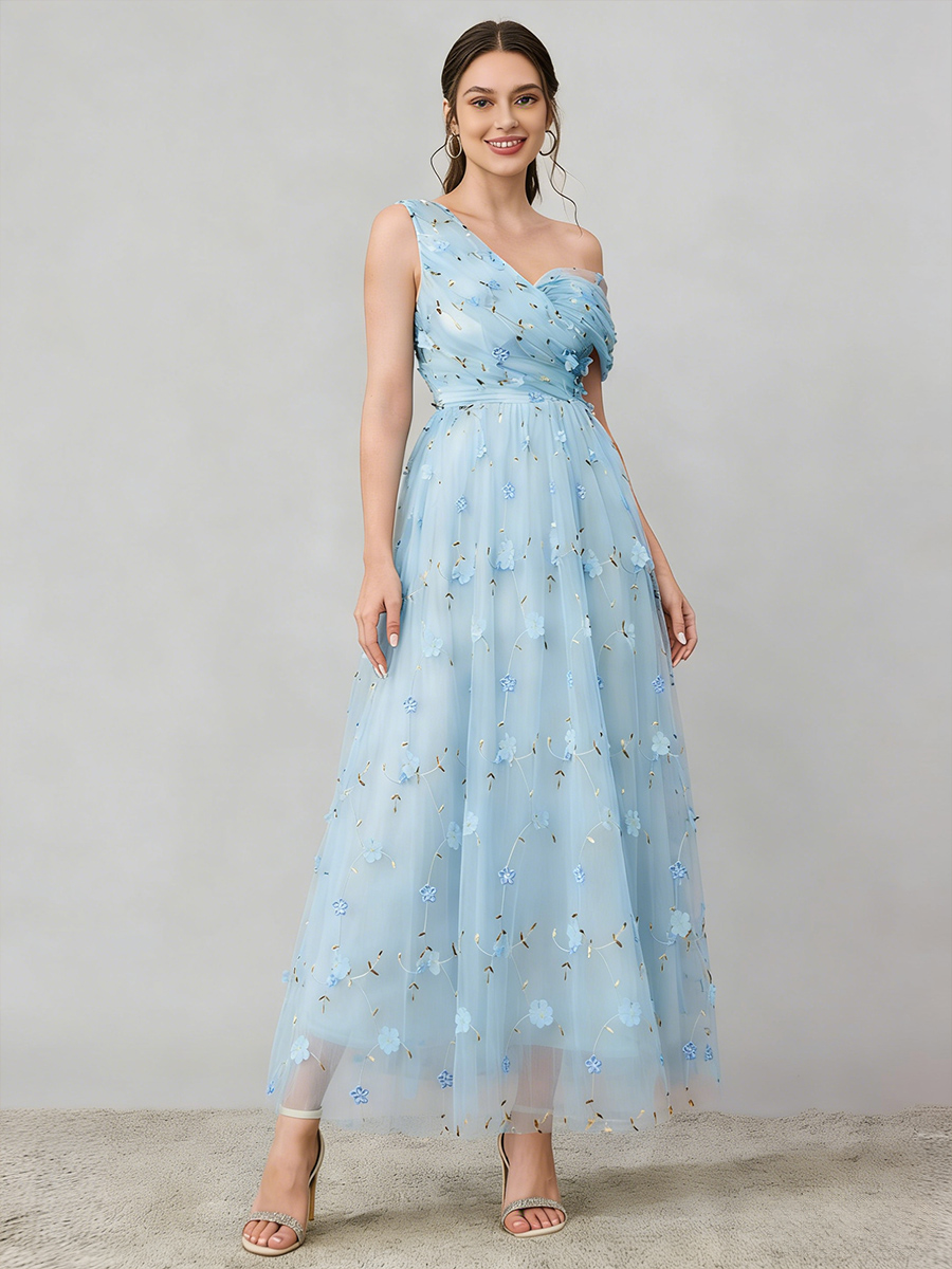 A-Line One-Shoulder Tulle Maxi-Length 3D Floral Formal Evening Gown