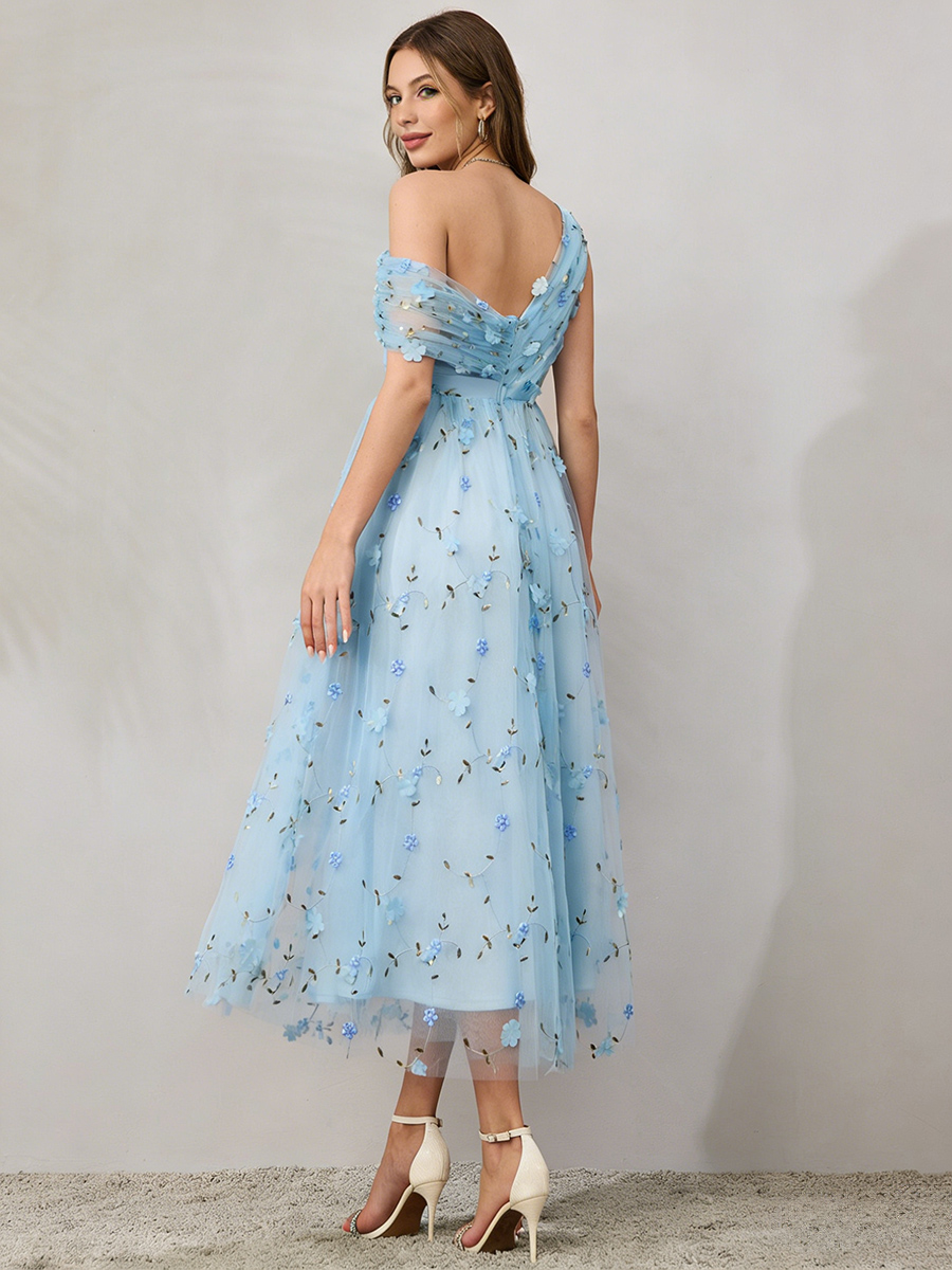 A-Line One-Shoulder Tulle Maxi-Length 3D Floral Formal Evening Gown